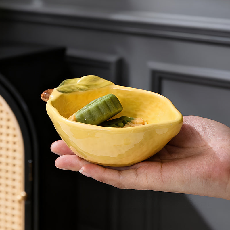 HongDian Yellow Lemon Shaped Dessert Dish 2 Pack,Small Medium Ceramic Sauce Plate,100/160ml 3/5 oz,Hand Painted Leaf Detail,Premium Ceramic,SGS Tested Underglaze Fade Resistant,Dishwasher Microwave Oven Sterilizer Safe,Tea Time Dessert Serving
