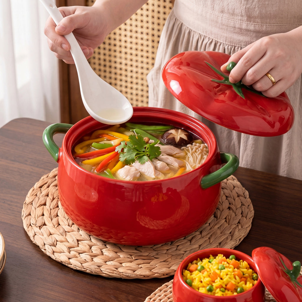 HongDian Red Tomato Tableware Series,Optional Lidded Soup Pot,Bowl,4.5 in Seasoning Jar,8/9 in 900/1650ml 30/56 oz,Premium Ceramic,SGS Tested Underglaze Fade Resistant,Microwave Dishwasher Oven Sterilizer Safe,Home Kitchen Gift Party All Ages