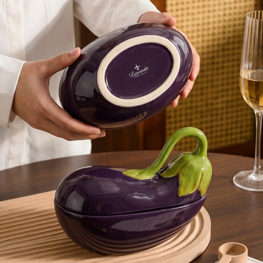 Aubergine tableware,Vegetable shaped dish,Lidded soup bowl,Serving plate,9 inch bowl,12.5 inch plate,1250ml 42 oz,Hand painted craft,Premium ceramic,Purple ceramic,Ramen serving,Stew bowl,Salad plate,Pasta plate,Dishwasher safe