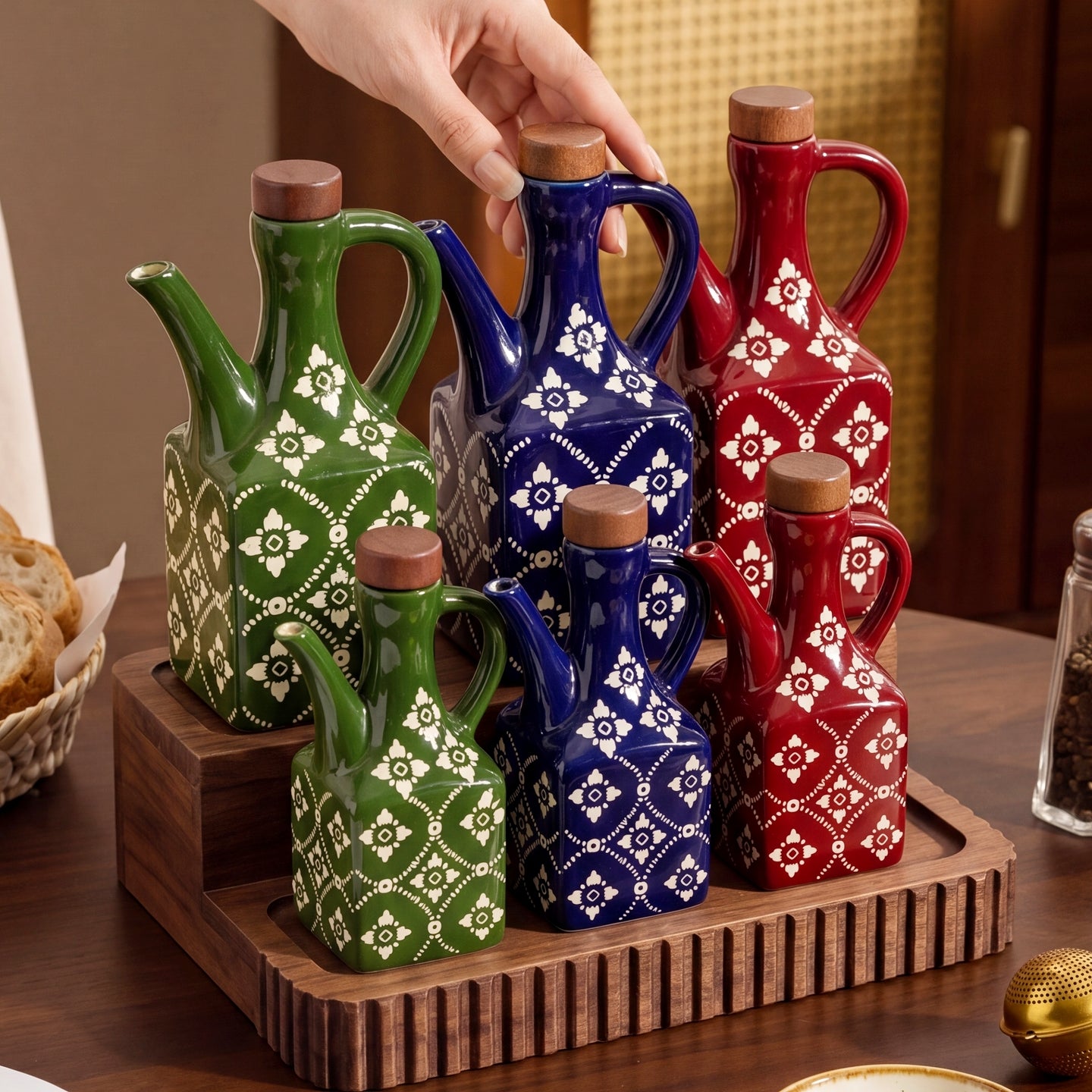 HongDian Red Blue Green Oil Dispenser Series,Optional Ceramic Vinegar Bottle 4/5 in,220/620ml 8/21 oz,Food Grade Wood Stopper,Handle Design,Premium Ceramic,SGS Tested Underglaze Fade Resistant,Kitchen Counter Cooking Salad Dressing Table Decor