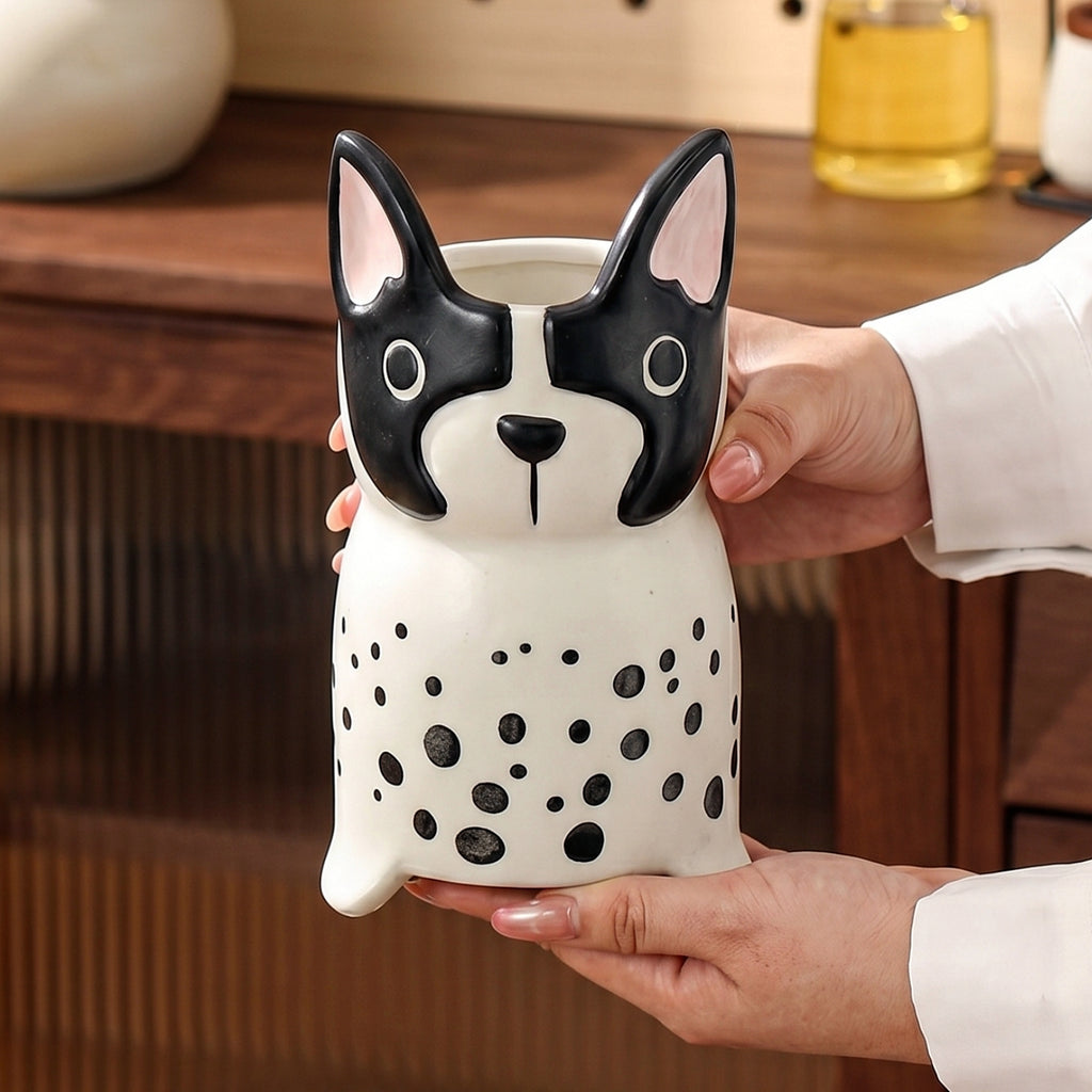 HongDian Spotted Dog Ceramic Utensil Holder,Kitchen Cutlery Flatware Caddy,Fork Spoon Chopstick Drain Holder,Bathroom Toothbrush Organizer,Black White,Premium Ceramic,Drain Hole Base,SGS Tested Underglaze Fade Resistant,Dishwasher Sterilizer Safe