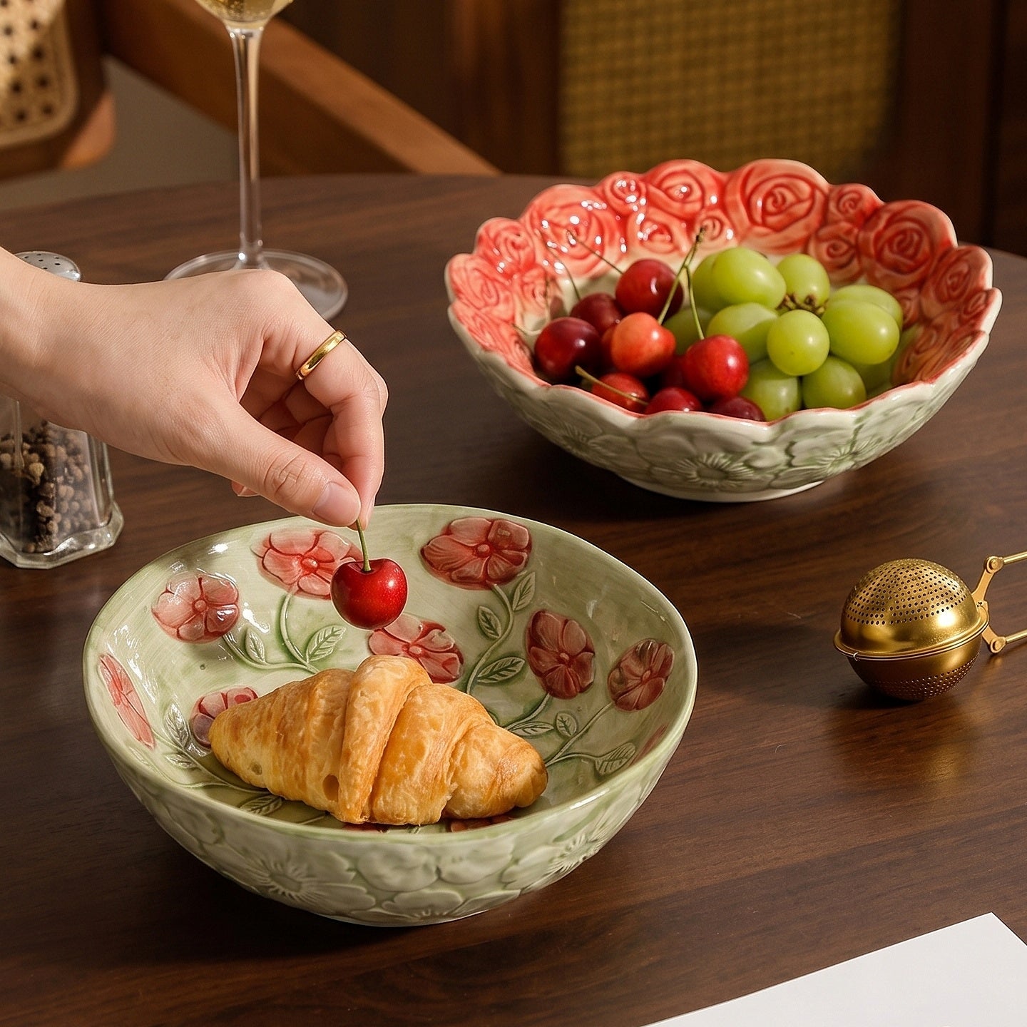 HongDian Rose Embossed Ceramic Plate 2 Pack,7.5 in Hand Painted Floral Dessert Salad Dish,Rose Rim,Sage Green Red,Premium Ceramic,Underglaze Non Fading,Microwave Dishwasher Safe,Tea Time Appetizer Pastry Serving,Cottagecore Table Decor Gift
