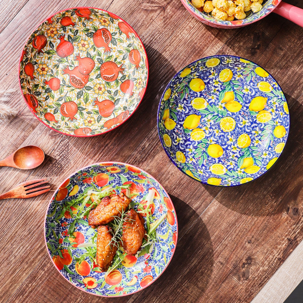 HongDian Mediterranean Fruit Pattern Tableware Series,Optional 8 in Plate,8.5 in Handle Bowl,Lemon Orange Pomegranate Peach Design,Premium Ceramic,SGS Tested Underglaze Fade Resistant,Microwave Dishwasher Oven Sterilizer Safe,Pasta Salad Dessert Serving
