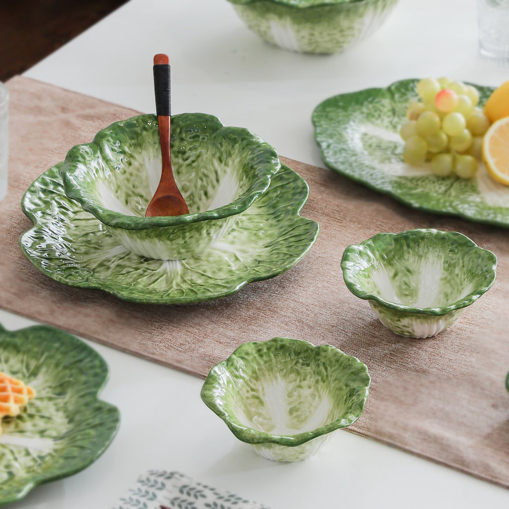 HongDian Green Cabbage Ceramic Bowls Plates, Creative Hand Painted Dinnerware, 2 Pack Plates, 5/7.5/10 in 200/580/1500 ml, Premium Ceramic, Mom Baby Friendly, Home Party Gift, Underglaze, Microwave Oven Dishwasher Sterilizer Safe, Salad Soup Fruit Dessert