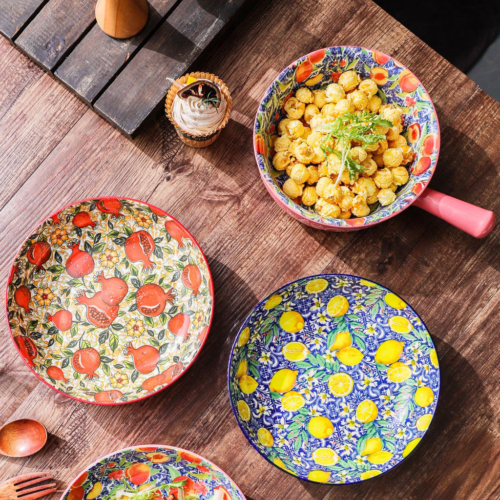 HongDian Mediterranean Fruit Pattern Tableware Series,Optional 8 in Plate,8.5 in Handle Bowl,Lemon Orange Pomegranate Peach Design,Premium Ceramic,SGS Tested Underglaze Fade Resistant,Microwave Dishwasher Oven Sterilizer Safe,Pasta Salad Dessert Serving