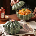 HongDian Green Cactus Lidded Soup Pot,Double Handle Bowl,8.5 in,950ml 32 oz,Premium Ceramic,SGS Tested Underglaze Fade Resistant,Microwave Dishwasher Oven Sterilizer Safe,Daily Meals Baby Food Stew Pasta Family Kitchen Decor Unique Cookware