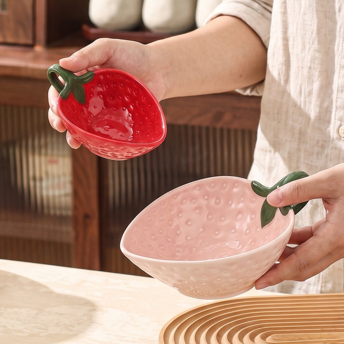 HongDian Strawberry Shaped Single Handle Bowl Series,Optional 8/5 in Ceramic Fruit Dessert Serving Bowl,Pink Red,Premium Ceramic,Cute Textured Berry Surface,Microwave Dishwasher Safe,For Salad Yogurt Snack Dip,Tea Table Kitchen Decor Gift