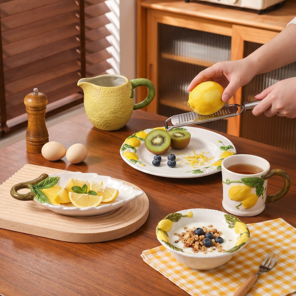 HongDian Yellow Lemon Pattern Tableware Series,Optional Leaf Shaped Plate,Embossed Hand Painted Craft,Premium Porcelain,Yellow White,SGS Tested Underglaze Fade Resistant,Microwave Dishwasher Oven Sterilizer Safe,Tea Time Dessert Serving Table Decor