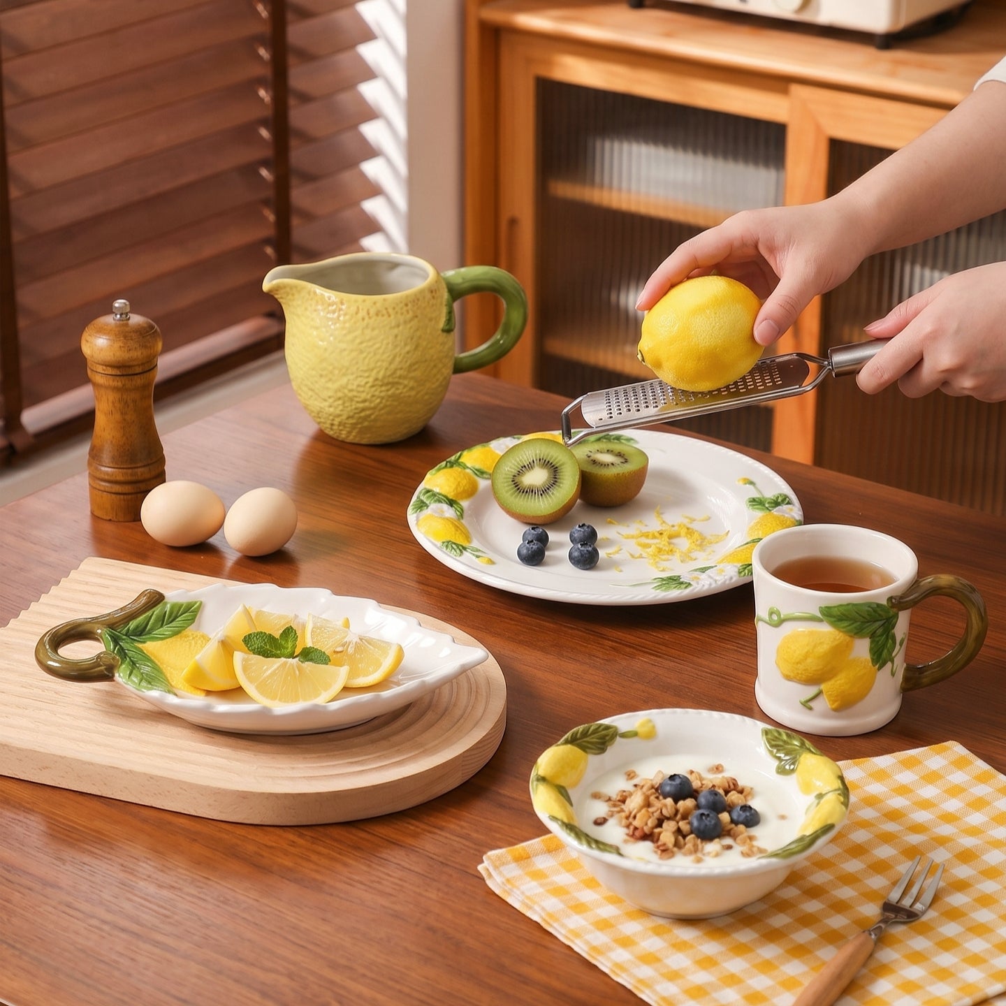 HongDian Yellow Lemon Pattern Tableware Series,Optional Leaf Shaped Plate,Embossed Hand Painted Craft,Premium Porcelain,Yellow White,SGS Tested Underglaze Fade Resistant,Microwave Dishwasher Oven Sterilizer Safe,Tea Time Dessert Serving Table Decor