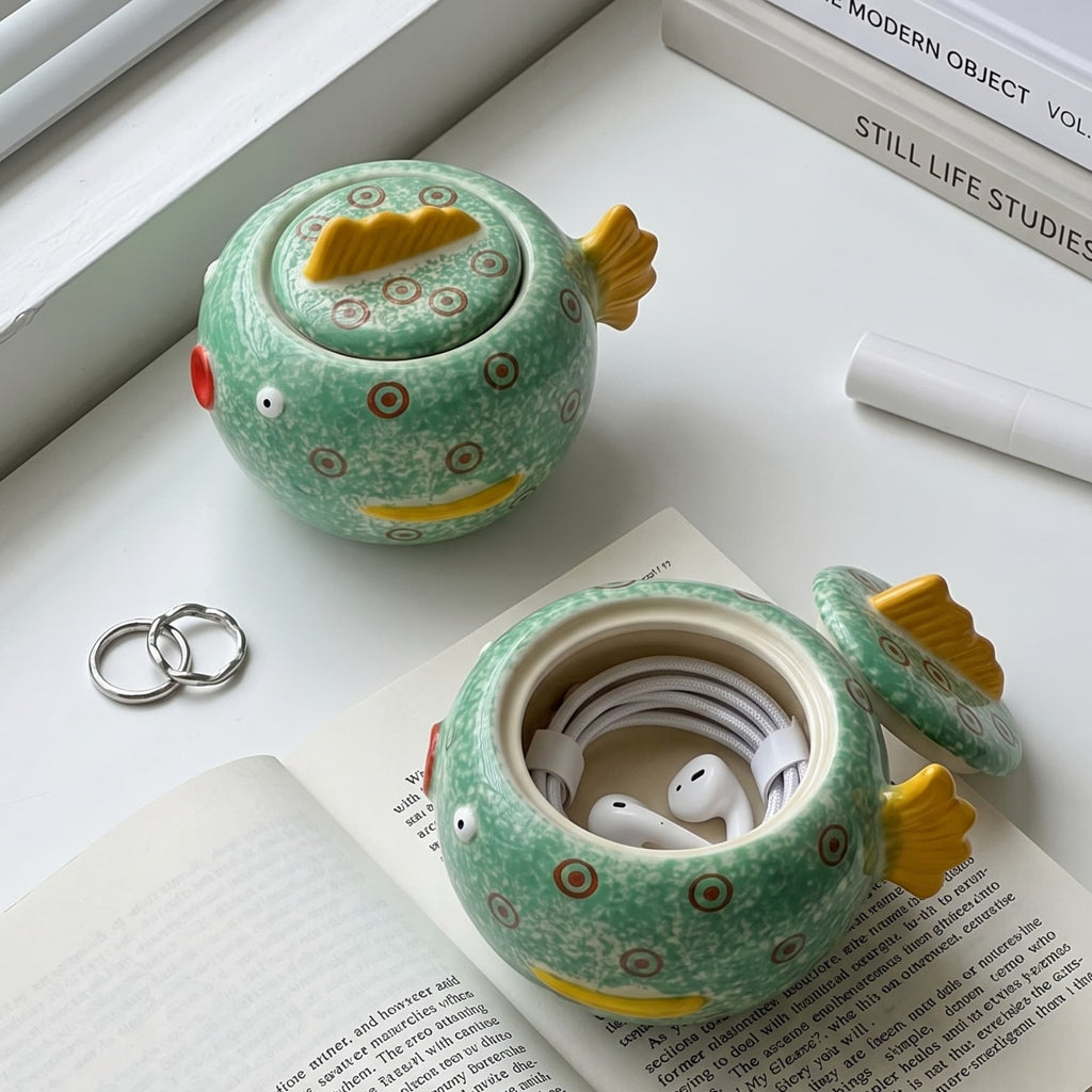 HongDian Green Pufferfish Lidded Storage Jar,Cute Ceramic Canister Succulent Planter,6 in,550ml 19 oz,Premium Ceramic,SGS Tested Underglaze Fade Resistant,Dishwasher Sterilizer Safe,Coffee Bar Tea Station Pantry Organizer Plant Pot Kitchen Gift Decor