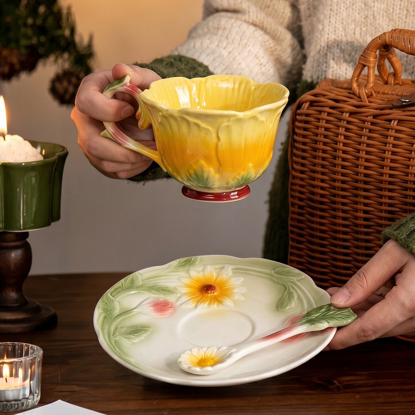 HongDian Pastel Floral Cup Saucer Series,Optional Embossed Coffee Tea Cup,Hand Painted Craft,Relief Flower Handle,Premium Porcelain,Pink Yellow ,SGS Tested Underglaze Fade Resistant,Microwave Dishwasher Oven Sterilizer Safe,Afternoon Tea