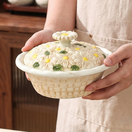 HongDian Daisy Ladybug Covered Bowl Series,Round Square Optional 6 in 280ml 10 oz,Embossed Hand Painted Craft,Premium Porcelain,Ivory Yellow,SGS Tested Underglaze Fade Resistant,Microwave Dishwasher Oven Sterilizer Safe,Meal Serving Table Decor