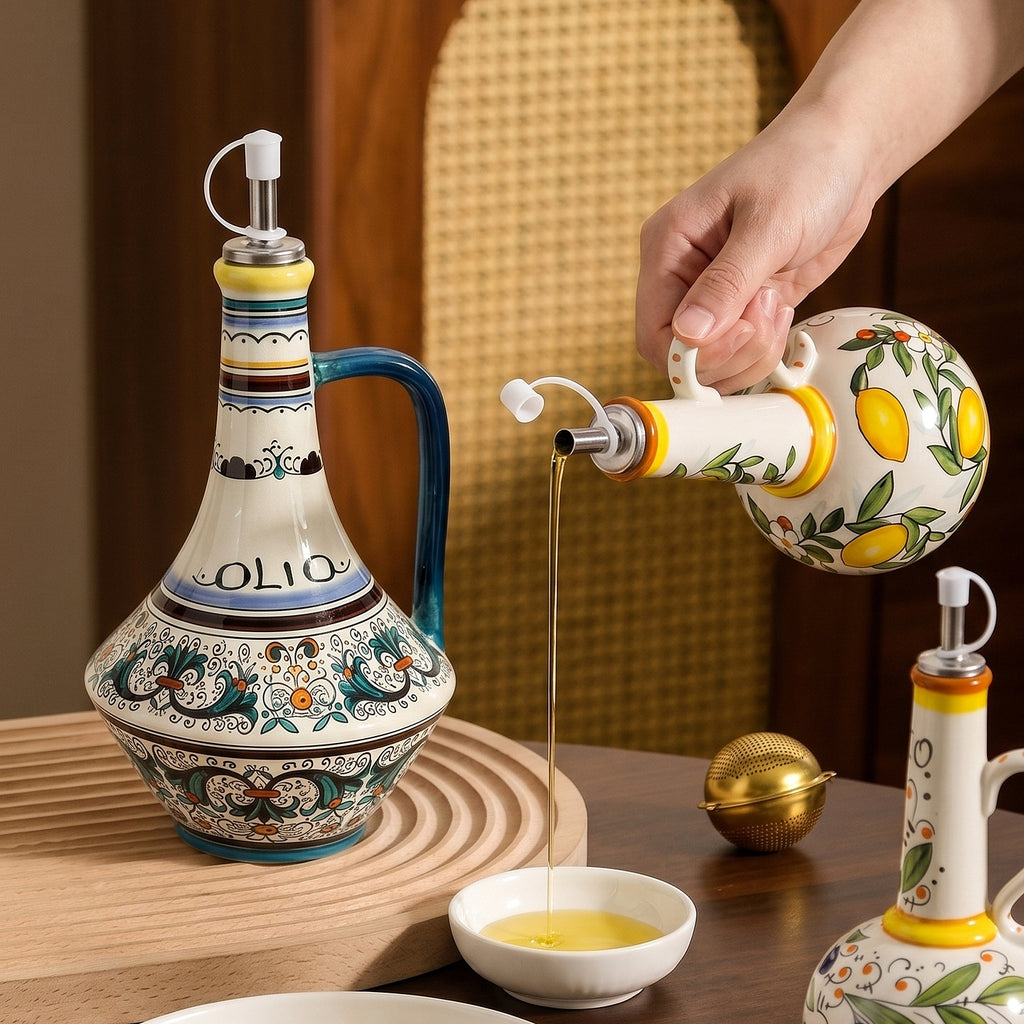 HongDian Vintage Ceramic Oil Dispenser Series,Optional Olive Vine Pattern Vinegar Bottle,Handle Pour Spout,550/600ml 19/20 oz,Premium Ceramic,SGS Tested Underglaze Fade Resistant,Kitchen Counter Cooking Salad Dressing Coffee Bar Table Decor