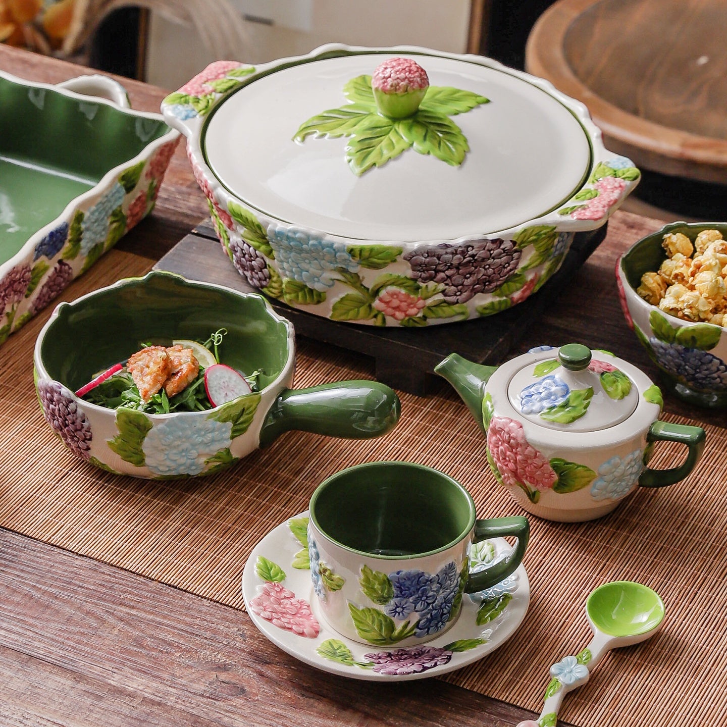 HongDian Green Hydrangea Tableware Series,Optional Cup Bowl Casserole Baking Dish,Largest Bowl 2300ml 80 oz,Embossed Hand Painted Craft,Premium Porcelain,SGS Tested Underglaze Fade Resistant,Microwave Dishwasher Oven Sterilizer Safe,Tea Time Meal