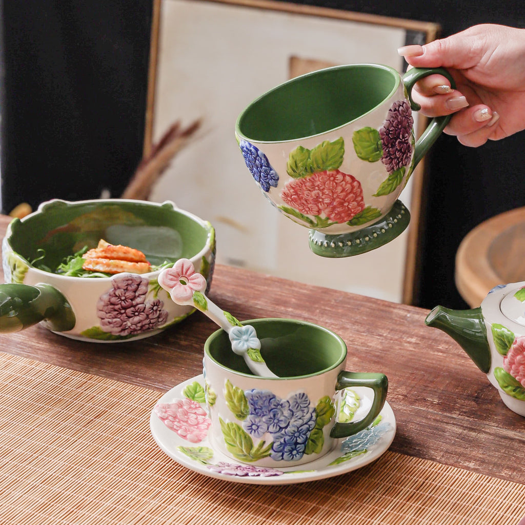 HongDian Green Hydrangea Tableware Series,Optional Cup Bowl Casserole Baking Dish,Largest Bowl 2300ml 80 oz,Embossed Hand Painted Craft,Premium Porcelain,SGS Tested Underglaze Fade Resistant,Microwave Dishwasher Oven Sterilizer Safe,Tea Time Meal