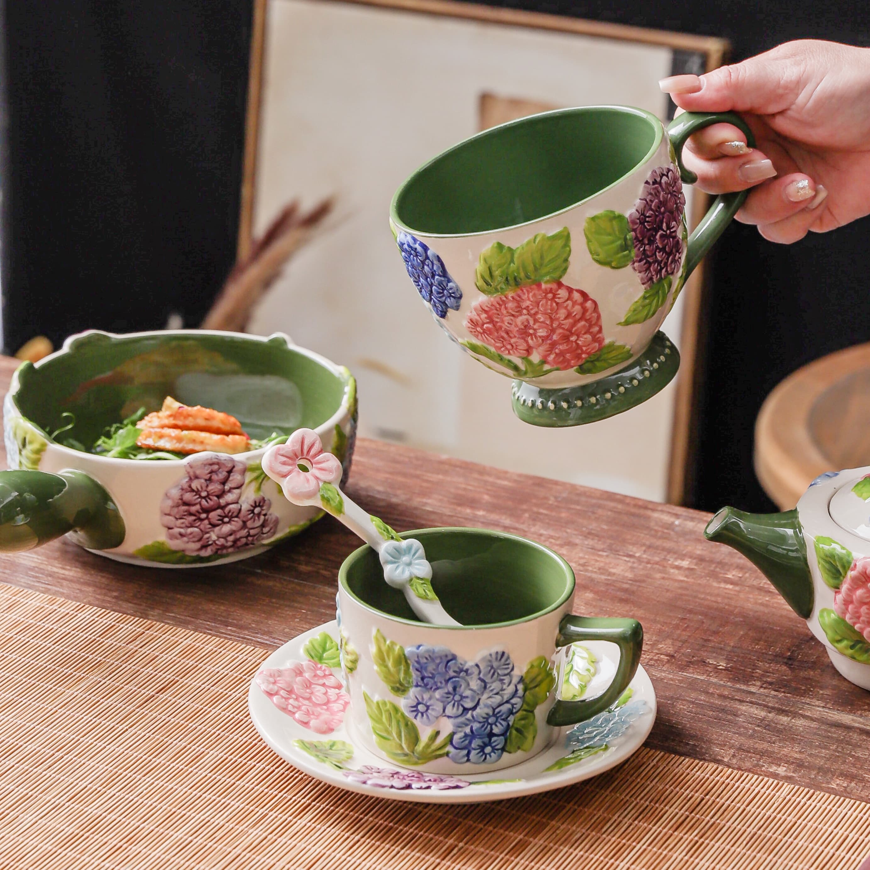 HongDian Green Hydrangea Tableware Series,Optional Cup Bowl Casserole Baking Dish,Largest Bowl 2300ml 80 oz,Embossed Hand Painted Craft,Premium Porcelain,SGS Tested Underglaze Fade Resistant,Microwave Dishwasher Oven Sterilizer Safe,Tea Time Meal