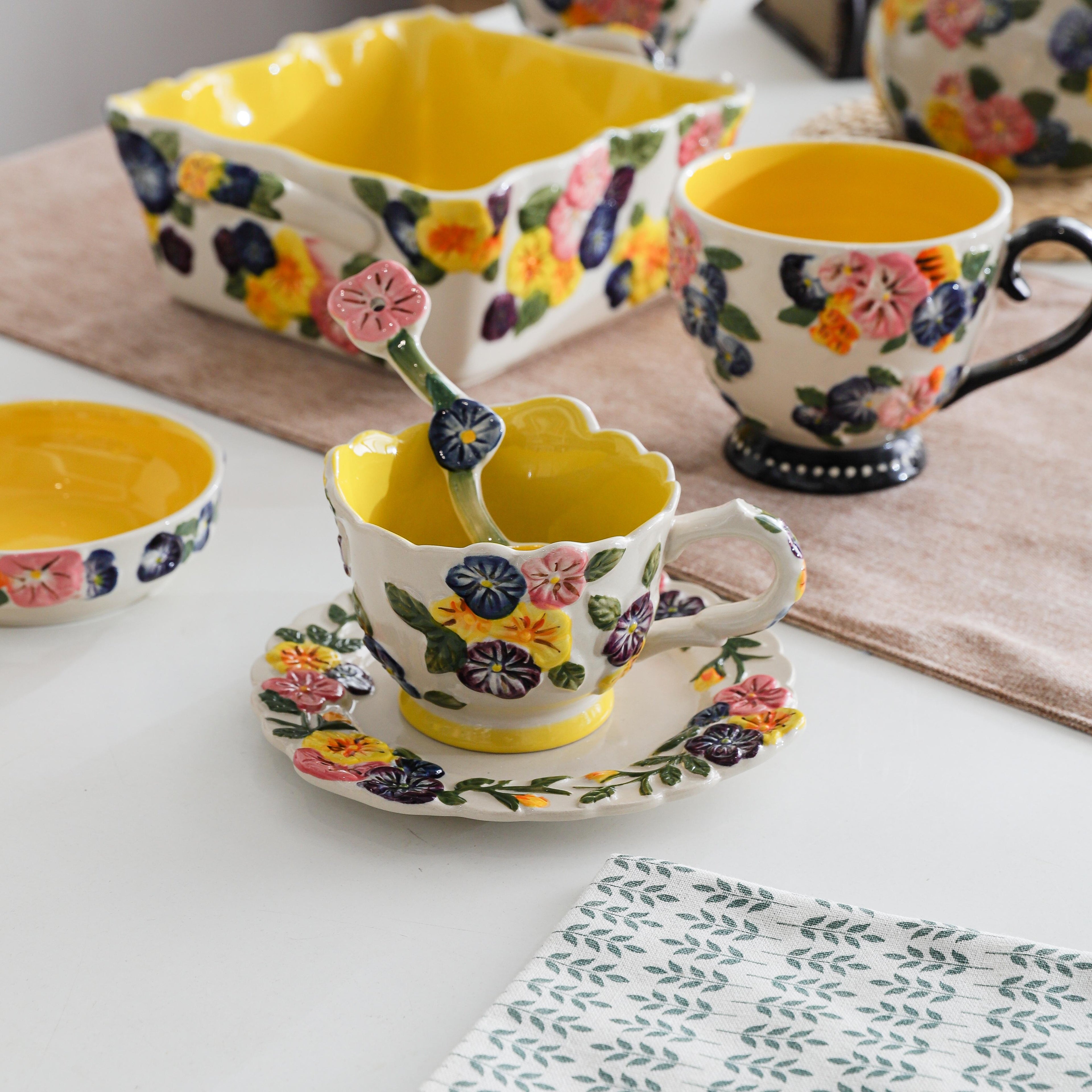 HongDian Yellow Floral Tableware Series,Optional Embossed Cup Bowl Plate,Hand Painted Craft,Premium Porcelain,Yellow,SGS Tested Underglaze Fade Resistant,Microwave Dishwasher Oven Sterilizer Safe,Tea Time Dessert Serving Breakfast Use Gift Decor