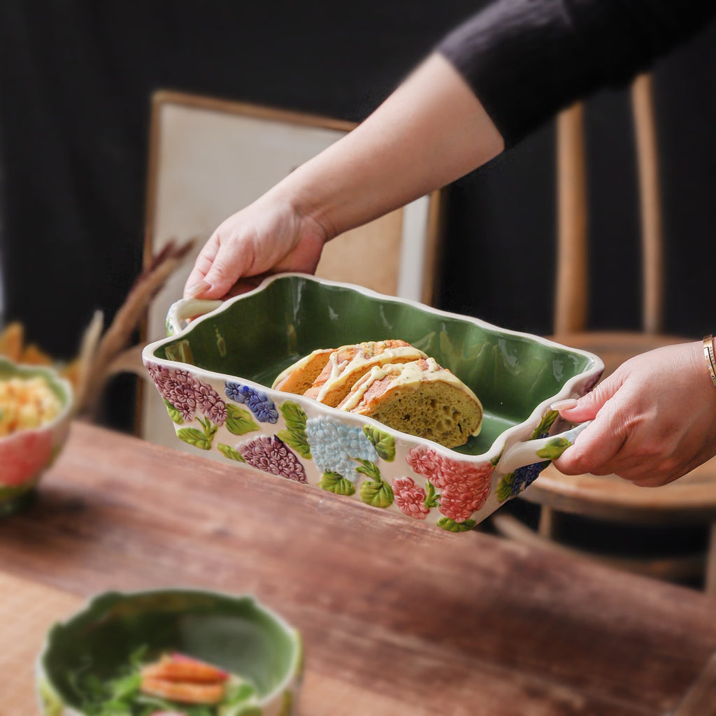 HongDian Green Hydrangea Tableware Series,Optional Cup Bowl Casserole Baking Dish,Largest Bowl 2300ml 80 oz,Embossed Hand Painted Craft,Premium Porcelain,SGS Tested Underglaze Fade Resistant,Microwave Dishwasher Oven Sterilizer Safe,Tea Time Meal