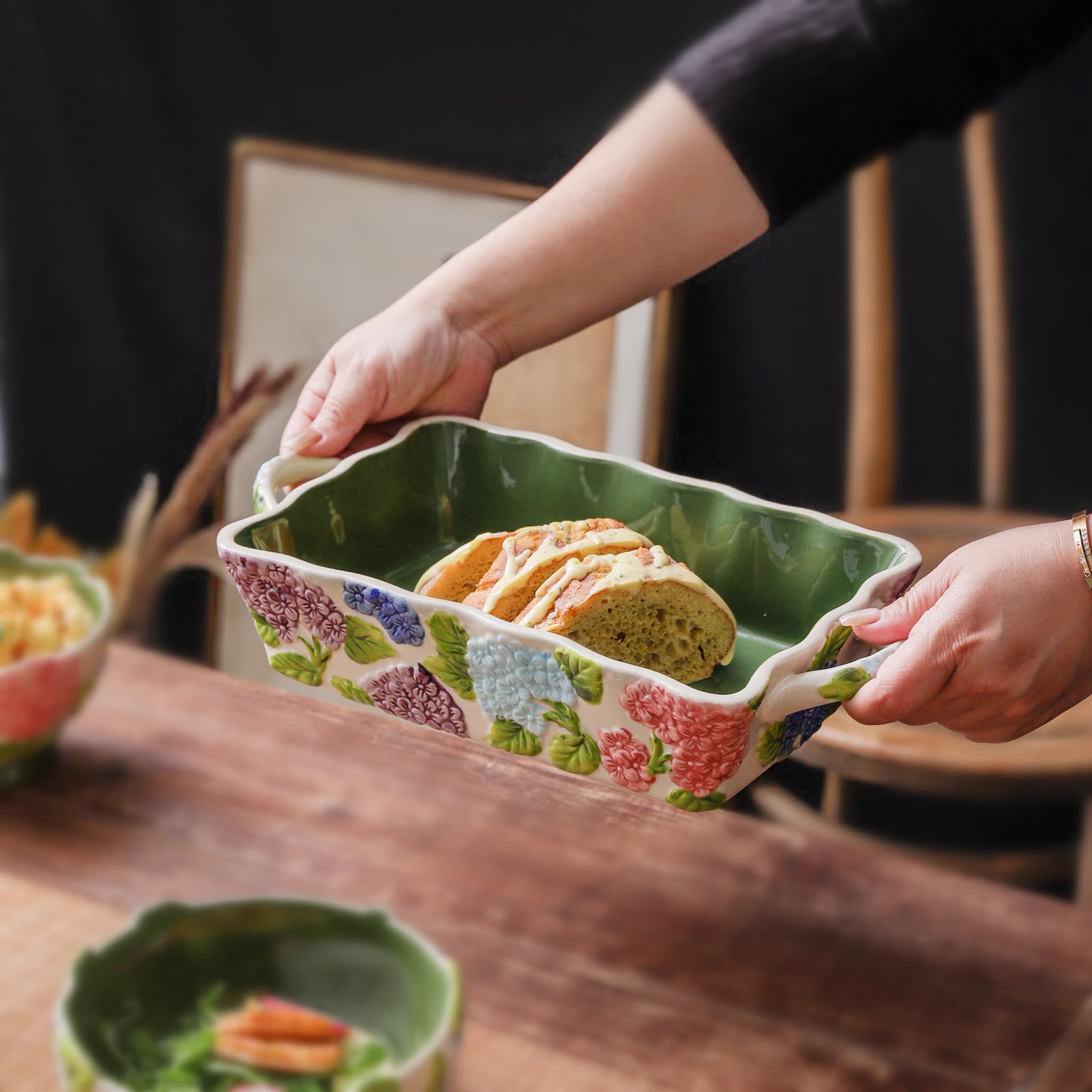 HongDian Green Hydrangea Tableware Series,Optional Cup Bowl Casserole Baking Dish,Largest Bowl 2300ml 80 oz,Embossed Hand Painted Craft,Premium Porcelain,SGS Tested Underglaze Fade Resistant,Microwave Dishwasher Oven Sterilizer Safe,Tea Time Meal
