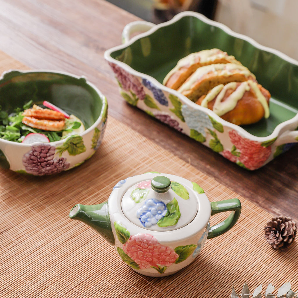 HongDian Green Hydrangea Tableware Series,Optional Cup Bowl Casserole Baking Dish,Largest Bowl 2300ml 80 oz,Embossed Hand Painted Craft,Premium Porcelain,SGS Tested Underglaze Fade Resistant,Microwave Dishwasher Oven Sterilizer Safe,Tea Time Meal