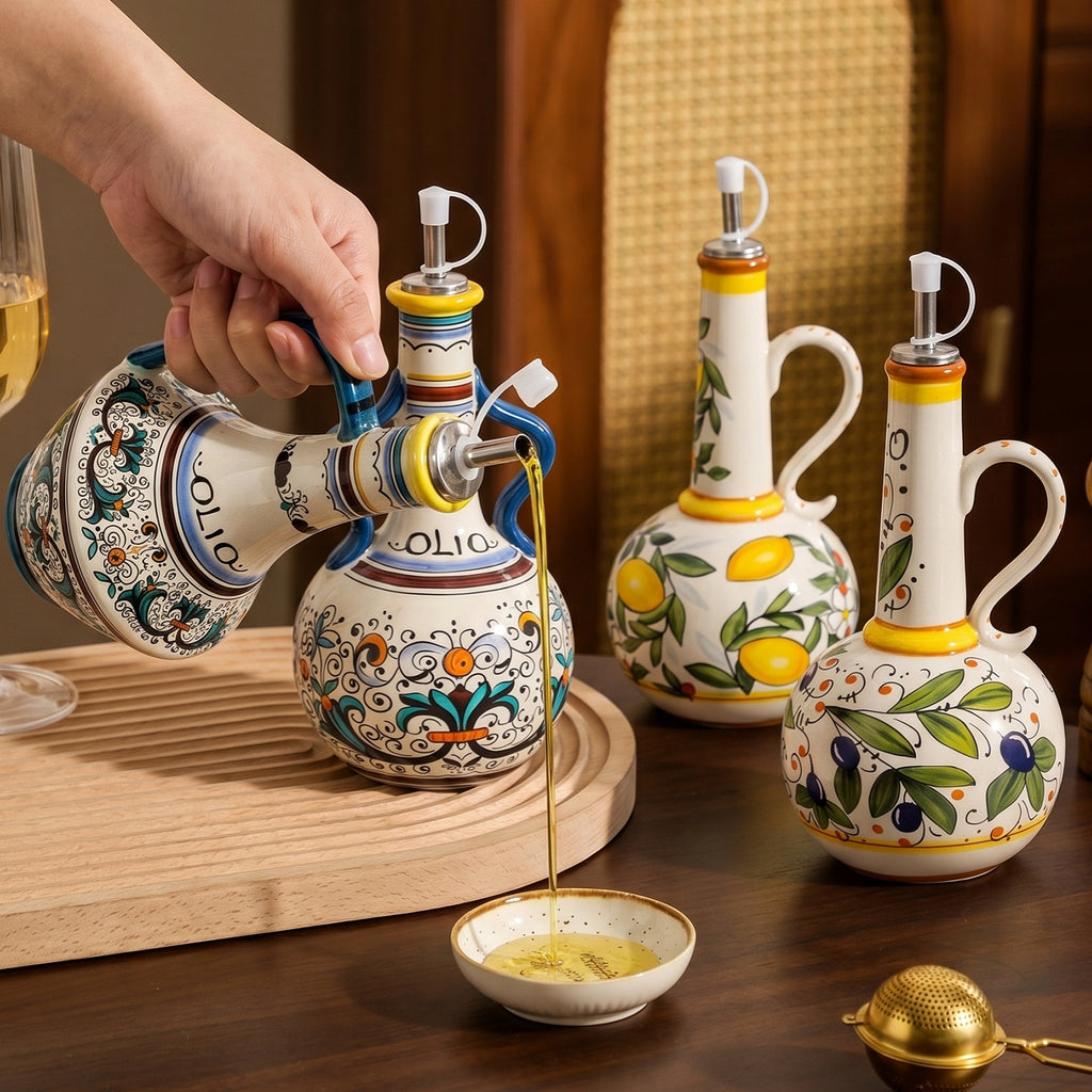 HongDian Vintage Ceramic Oil Dispenser Series,Optional Olive Vine Pattern Vinegar Bottle,Handle Pour Spout,550/600ml 19/20 oz,Premium Ceramic,SGS Tested Underglaze Fade Resistant,Kitchen Counter Cooking Salad Dressing Coffee Bar Table Decor