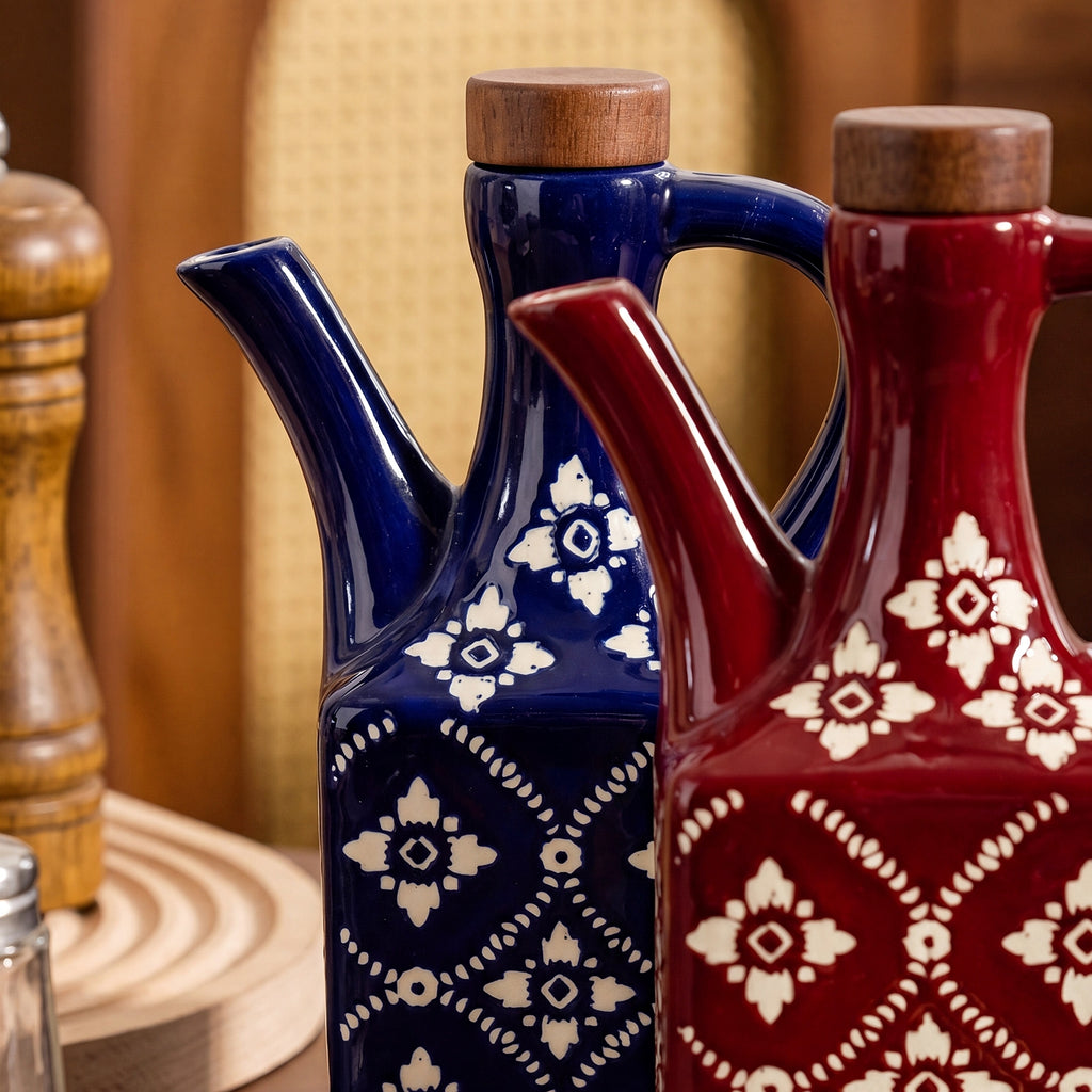 HongDian Red Blue Green Oil Dispenser Series,Optional Ceramic Vinegar Bottle 4/5 in,220/620ml 8/21 oz,Food Grade Wood Stopper,Handle Design,Premium Ceramic,SGS Tested Underglaze Fade Resistant,Kitchen Counter Cooking Salad Dressing Table Decor