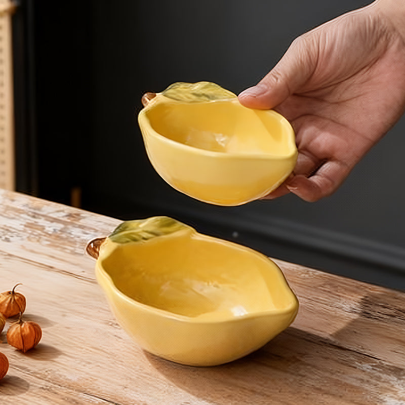 HongDian Yellow Lemon Shaped Dessert Dish 2 Pack,Small Medium Ceramic Sauce Plate,100/160ml 3/5 oz,Hand Painted Leaf Detail,Premium Ceramic,SGS Tested Underglaze Fade Resistant,Dishwasher Microwave Oven Sterilizer Safe,Tea Time Dessert Serving