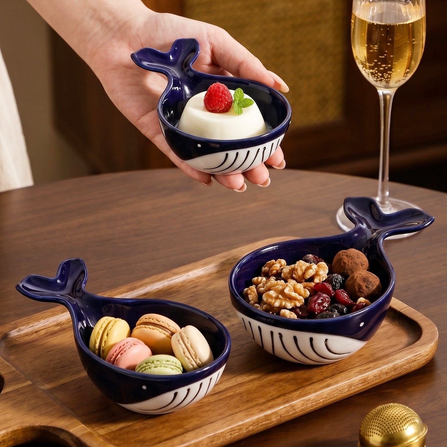 HongDian Navy Whale Shaped Dipping Dish Pet Bowl Series,Optional Ceramic Sauce Bowl 220/150/80ml 8/5/3 oz,Premium Porcelain,Blue White,SGS Tested Underglaze Fade Resistant,Microwave Dishwasher Oven Sterilizer Safe,Sushi Snack Condiment Pet Feeding