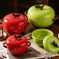 HongDian Red Green Apple Lidded Soup Bowl,Double Handle Ceramic Pot,Hand Painted Craft,Premium Porcelain,8/7.5 in,1650/800ml 56/27 oz,SGS Tested Underglaze Fade Resistant,Microwave Dishwasher Oven Sterilizer Safe,Soup Stew Baby Food Family