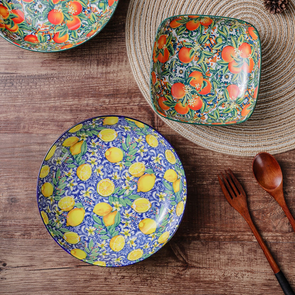 HongDian Mediterranean Fruit Pattern Tableware Series,Optional 8 in Plate,8.5 in Handle Bowl,Lemon Orange Pomegranate Peach Design,Premium Ceramic,SGS Tested Underglaze Fade Resistant,Microwave Dishwasher Oven Sterilizer Safe,Pasta Salad Dessert Serving