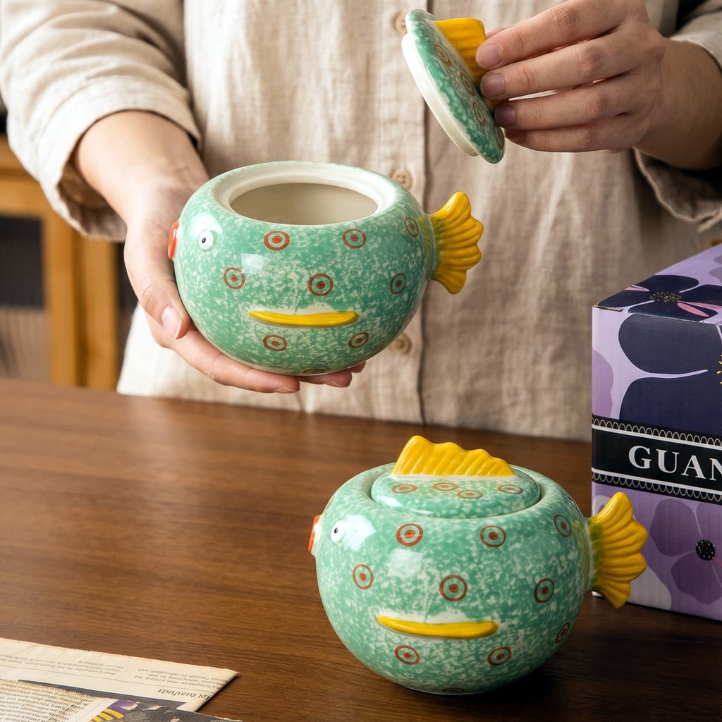 HongDian Green Pufferfish Lidded Storage Jar,Cute Ceramic Canister Succulent Planter,6 in,550ml 19 oz,Premium Ceramic,SGS Tested Underglaze Fade Resistant,Dishwasher Sterilizer Safe,Coffee Bar Tea Station Pantry Organizer Plant Pot Kitchen Gift Decor