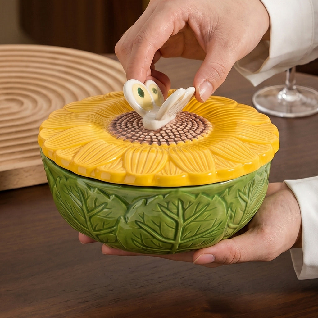 HongDian Sunflower Butterfly Lidded Bowl,550ml 19 oz Ceramic Serving Dish,Yellow Green Flower Lid with Butterfly Handle,Premium Ceramic,Leaf Relief Texture,Microwave Dishwasher Safe,For Salad Yogurt Snack Dessert,Kitchen Table Gift Decor