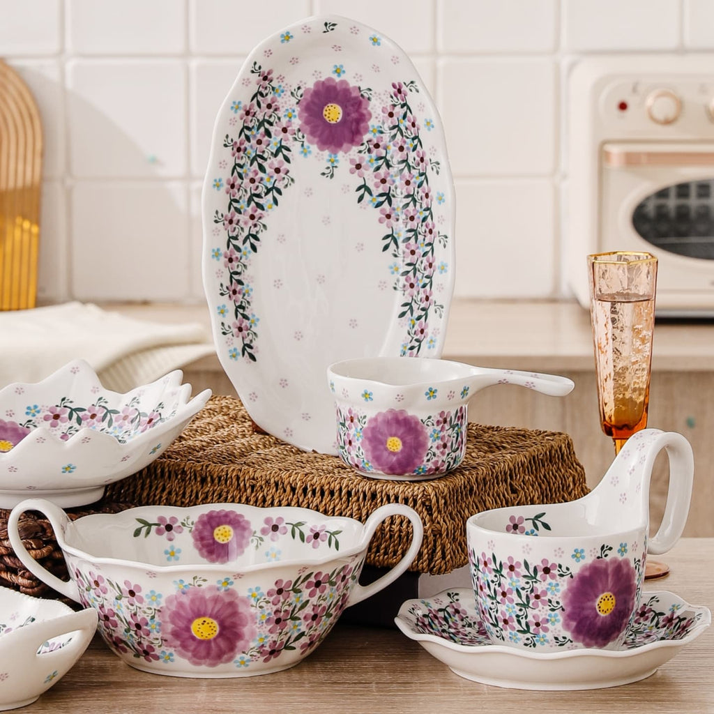 HongDian Pink Floral Dinnerware,Bowl Plate,casserole,Hand Painted Craft,Premium Porcelain,Pink,SGS Tested Underglaze Fade Resistant,Microwave Dishwasher Oven Sterilizer Safe,Home Gift Party Family All Ages Cottagecore