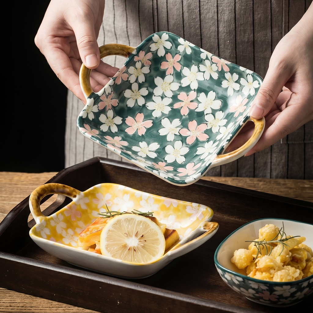 HongDian Japanese Cherry Blossom Tableware Series,Optional Ceramic Bowl Plate 5/7 in,Yellow Green,Premium Ceramic,SGS Tested Underglaze Fade Resistant,Microwave Dishwasher Oven Sterilizer Safe,Dessert Snack Serving Tea Time Gift Decor