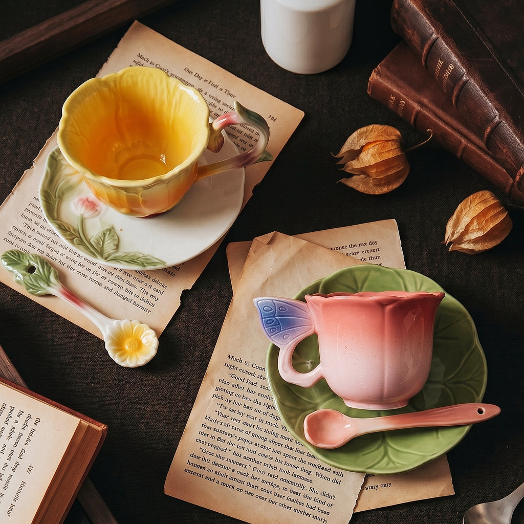 HongDian Pastel Floral Cup Saucer Series,Optional Embossed Coffee Tea Cup,Hand Painted Craft,Relief Flower Handle,Premium Porcelain,Pink Yellow ,SGS Tested Underglaze Fade Resistant,Microwave Dishwasher Oven Sterilizer Safe,Afternoon Tea