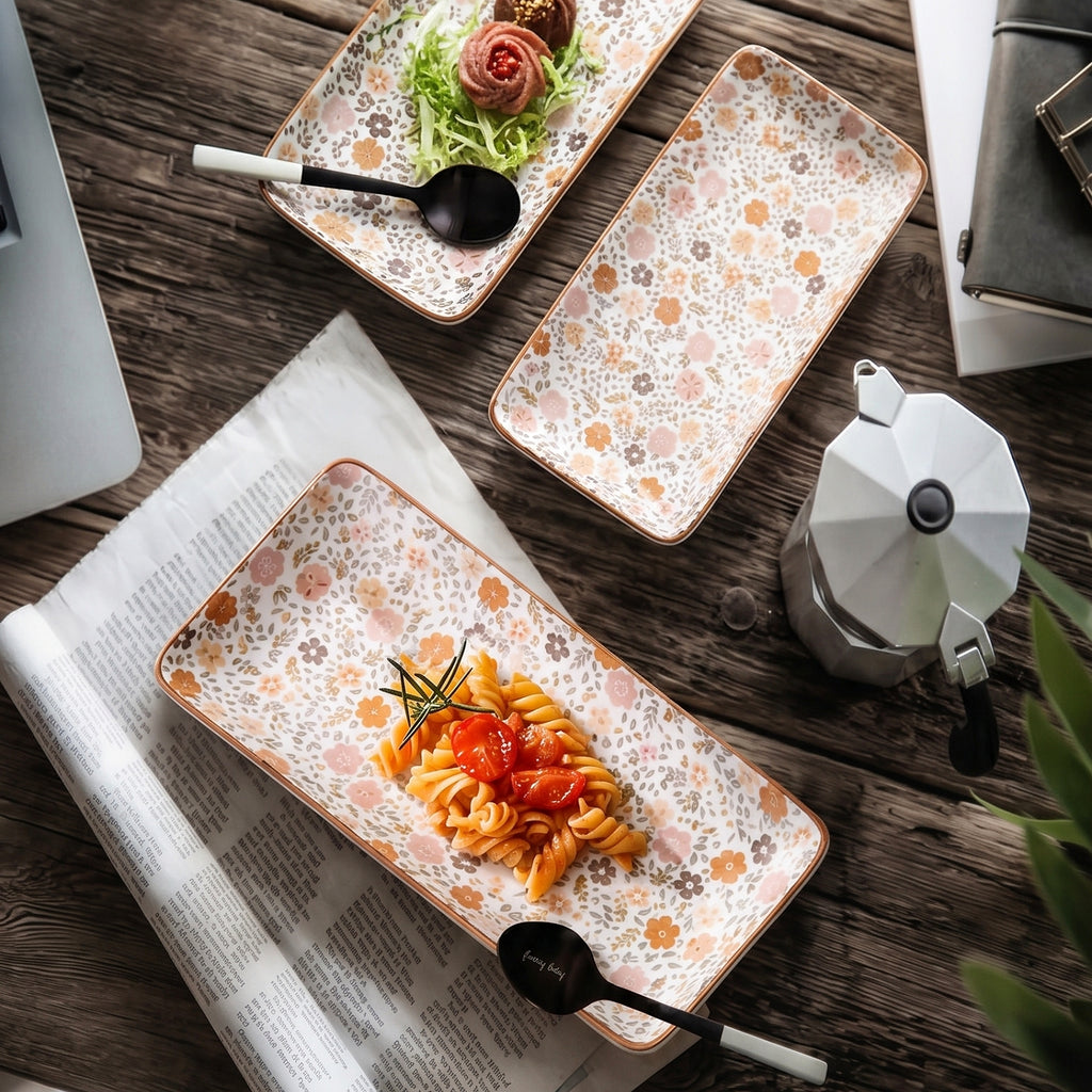 HongDian Japanese Floral Ceramic Plate 2 Pack,8 in Rectangular Serving Dish,Pink Beige,Premium Ceramic,SGS Tested Underglaze Fade Resistant,Microwave Dishwasher Oven Sterilizer Safe,Dessert Pasta Salad Snack Serving Table Setting Gift Decor