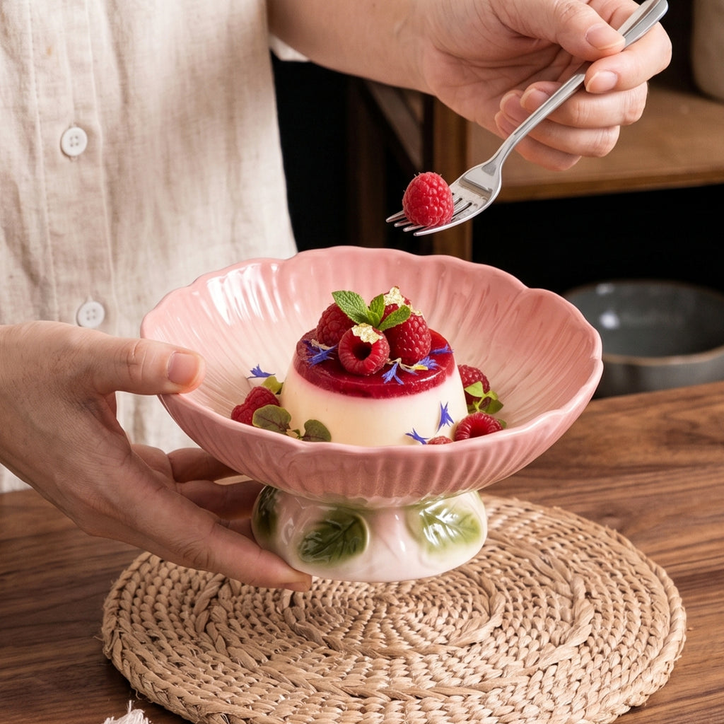 HongDian Pink Cherry Blossom Pedestal Bowl,6 in Ceramic Fruit Dessert Bowl,Hand Painted Floral Pattern,Premium Ceramic,SGS Tested Underglaze Non Fading,Microwave Dishwasher Oven Sterilizer Safe,Yogurt Salad Snack Serving Table Decor Gift