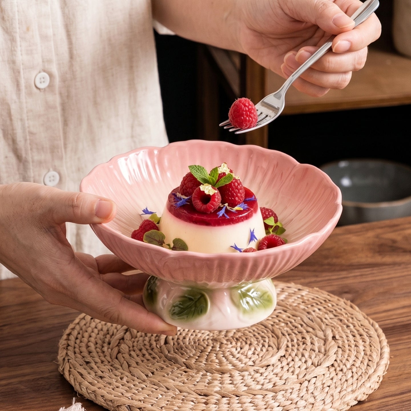 HongDian Pink Cherry Blossom Pedestal Bowl,6 in Ceramic Fruit Dessert Bowl,Hand Painted Floral Pattern,Premium Ceramic,SGS Tested Underglaze Non Fading,Microwave Dishwasher Oven Sterilizer Safe,Yogurt Salad Snack Serving Table Decor Gift