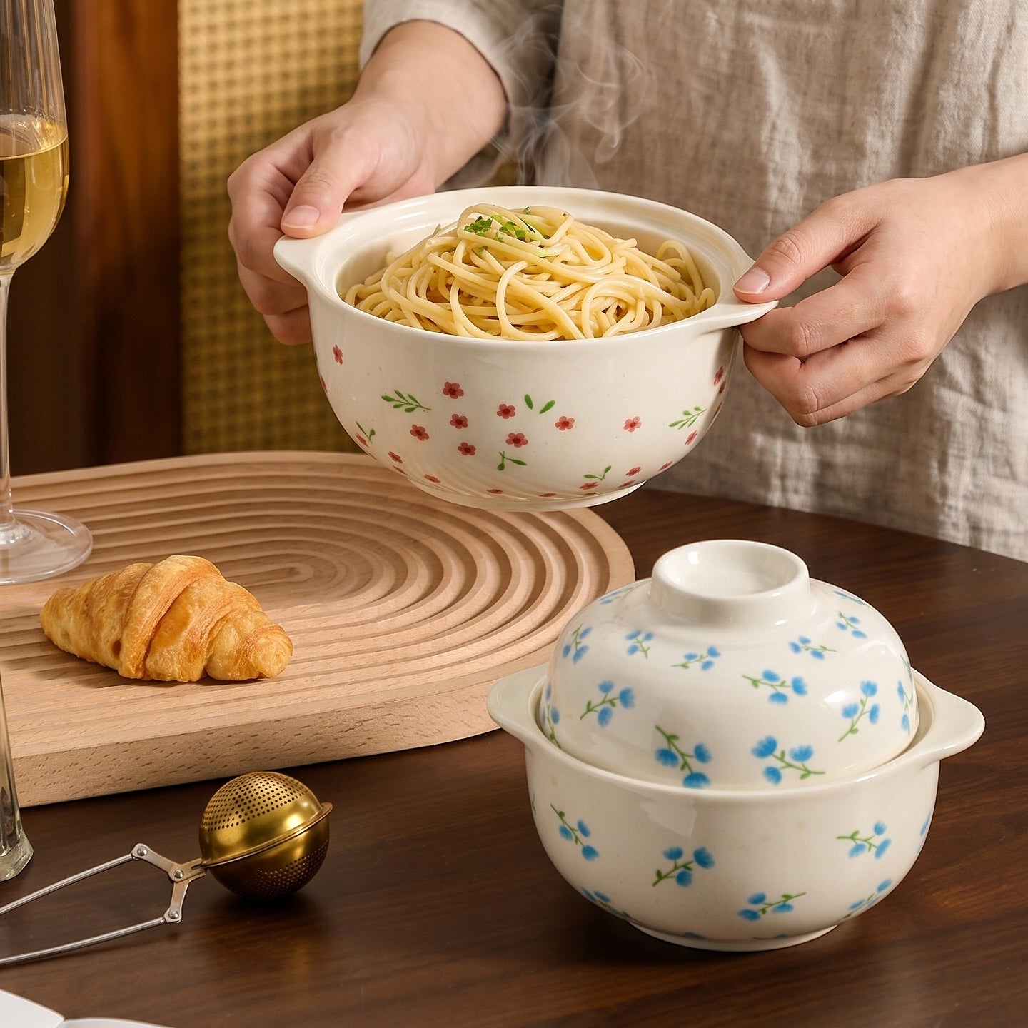 HongDian Cream Floral Tableware Series,Optional Ceramic Bowl Plate 5/7 in,Small Flower Pattern Cottagecore Style,Premium Ceramic,Underglaze Non Fading,Microwave Dishwasher Safe,Breakfast Pastry Dessert Snack Serving,Kitchen Table Gift Decor