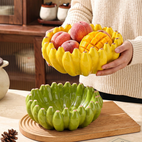 HongDian Banana Bunch Shaped Large Ceramic Serving Bowl,1300ml 44 oz Fruit Snack Centerpiece Dish,Optional Yellow Green,Premium Ceramic,Novelty Kitchen Table Decor,Salad Dessert Pasta Serving,Housewarming Gift,Dishwasher Microwave Safe