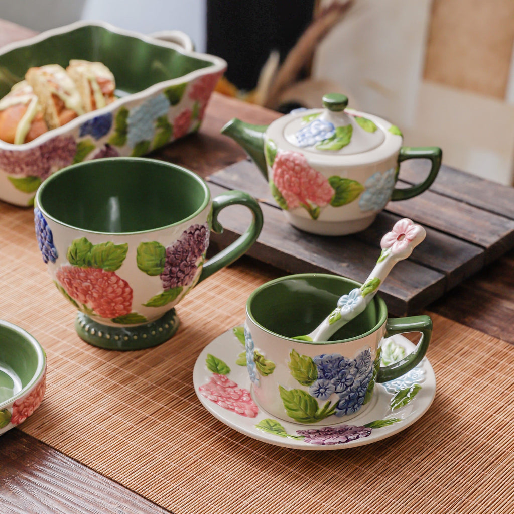 HongDian Green Hydrangea Tableware Series,Optional Cup Bowl Casserole Baking Dish,Largest Bowl 2300ml 80 oz,Embossed Hand Painted Craft,Premium Porcelain,SGS Tested Underglaze Fade Resistant,Microwave Dishwasher Oven Sterilizer Safe,Tea Time Meal