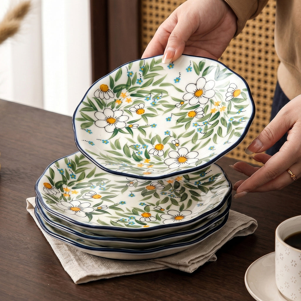 HongDian White Daisy Pattern Dinnerware,Cup Bowl Plate,with Double Handles,Hand Painted Craft,Premium Porcelain,400/280/1000ml 14/10/34 oz,White Green Blue,SGS Tested Underglaze Fade Resistant,Microwave Dishwasher Oven Sterilizer Safe,Home Gift