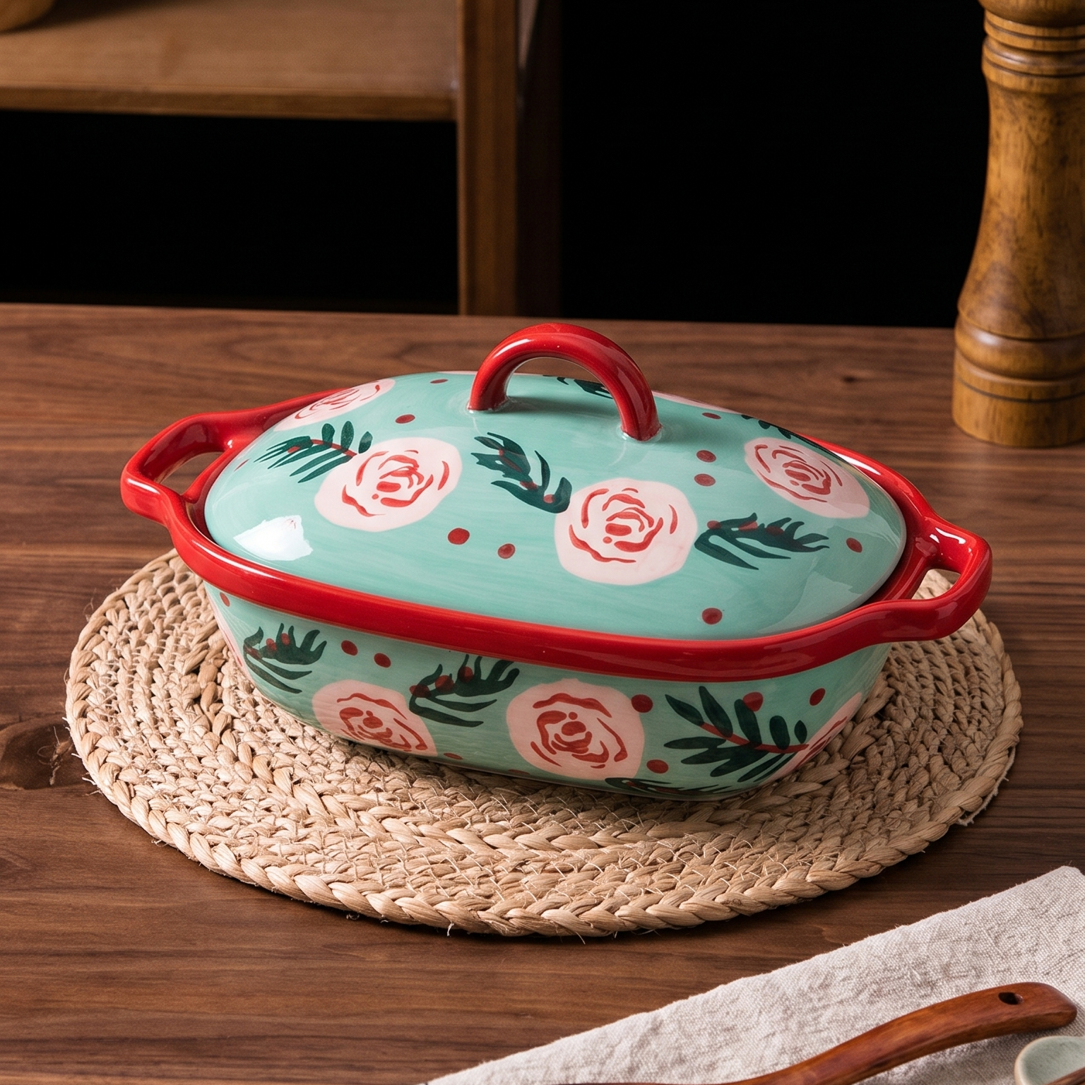 HongDian Mint Pink Rose Ceramic Baking Bowl,Covered Casserole Dish 480ml 16 oz,Hand Painted Floral Pattern,Premium Ceramic,Underglaze Non Fading,Oven Microwave Dishwasher Safe,Small Portion Gratin Dessert Dip Meal Serving Kitchen Gift Decor