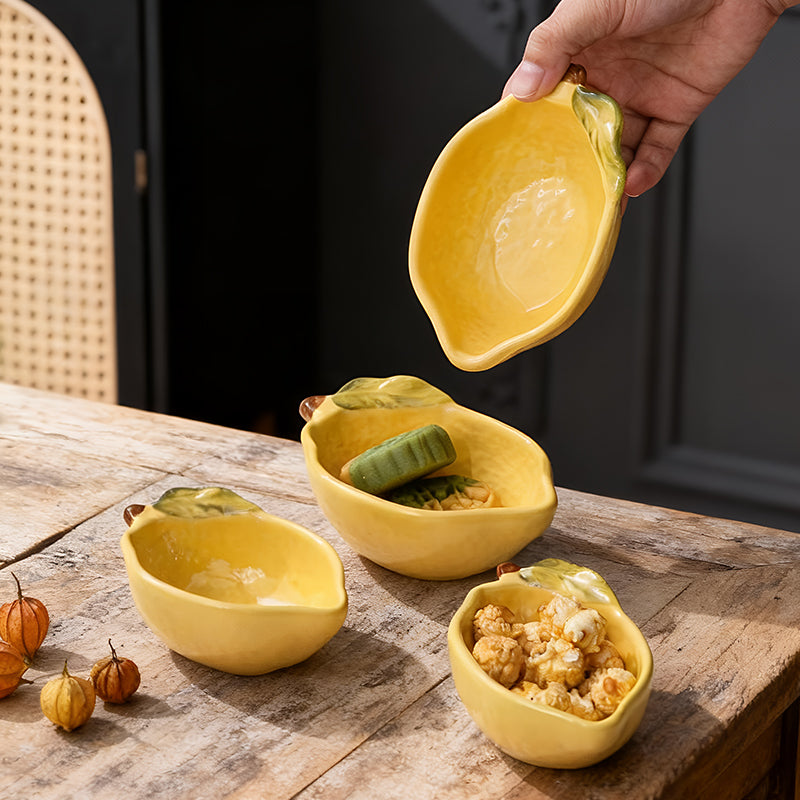 HongDian Yellow Lemon Shaped Dessert Dish 2 Pack,Small Medium Ceramic Sauce Plate,100/160ml 3/5 oz,Hand Painted Leaf Detail,Premium Ceramic,SGS Tested Underglaze Fade Resistant,Dishwasher Microwave Oven Sterilizer Safe,Tea Time Dessert Serving