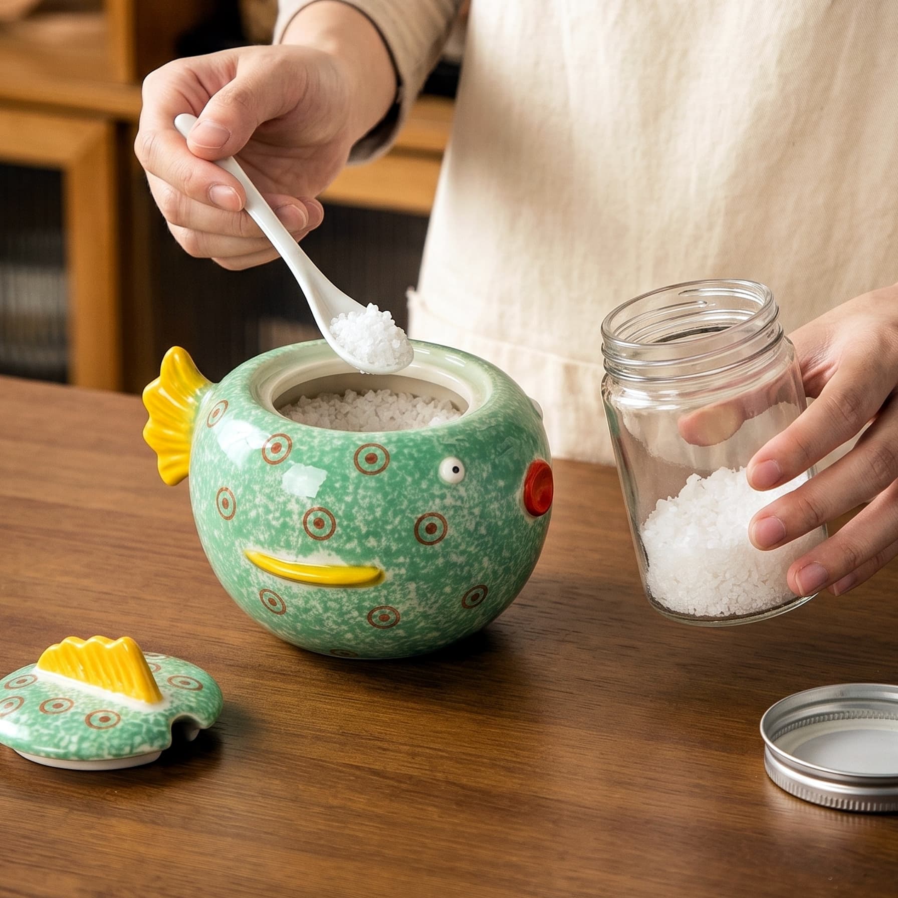 HongDian Green Pufferfish Lidded Storage Jar,Cute Ceramic Canister Succulent Planter,6 in,550ml 19 oz,Premium Ceramic,SGS Tested Underglaze Fade Resistant,Dishwasher Sterilizer Safe,Coffee Bar Tea Station Pantry Organizer Plant Pot Kitchen Gift Decor