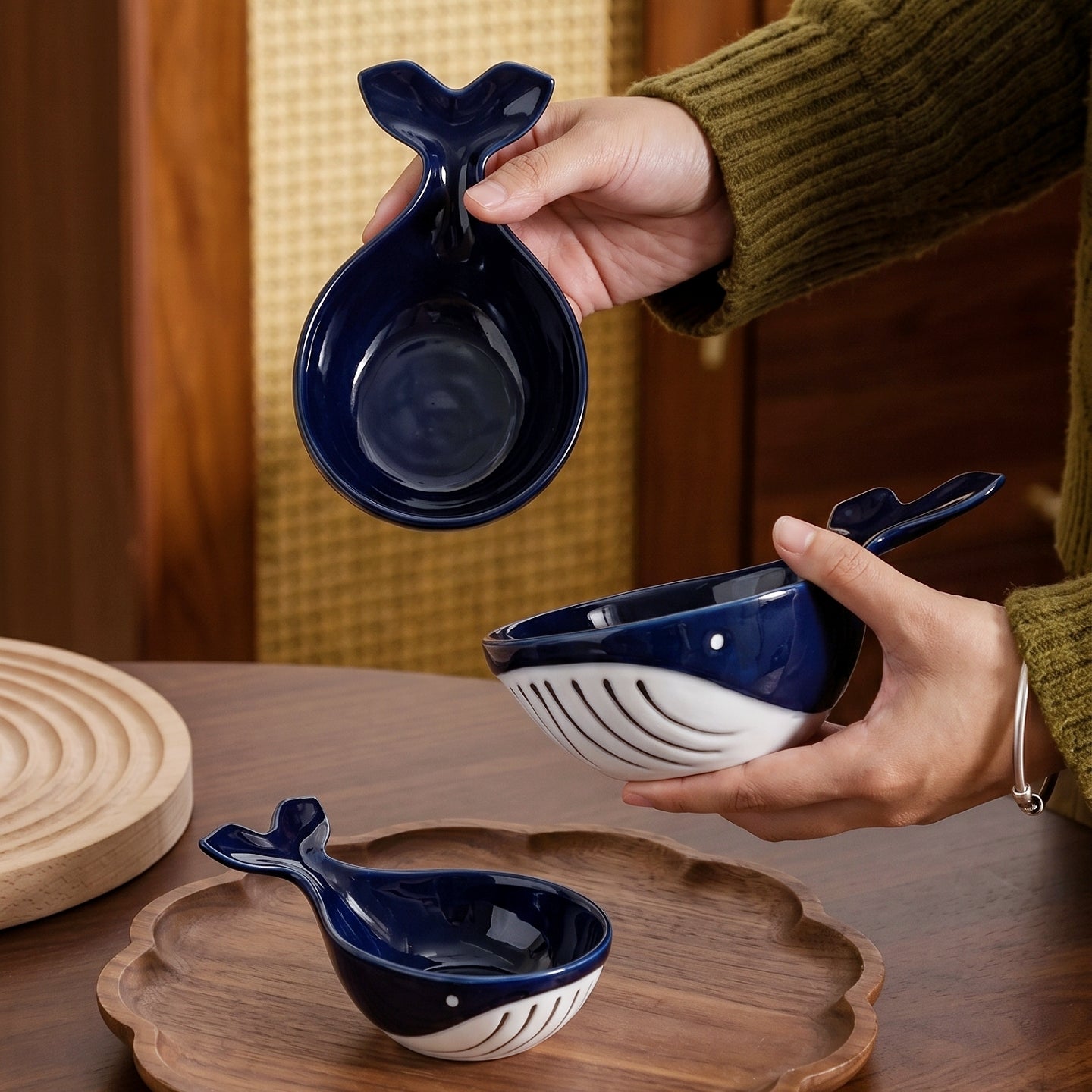 HongDian Navy Whale Shaped Dipping Dish Pet Bowl Series,Optional Ceramic Sauce Bowl 220/150/80ml 8/5/3 oz,Premium Porcelain,Blue White,SGS Tested Underglaze Fade Resistant,Microwave Dishwasher Oven Sterilizer Safe,Sushi Snack Condiment Pet Feeding