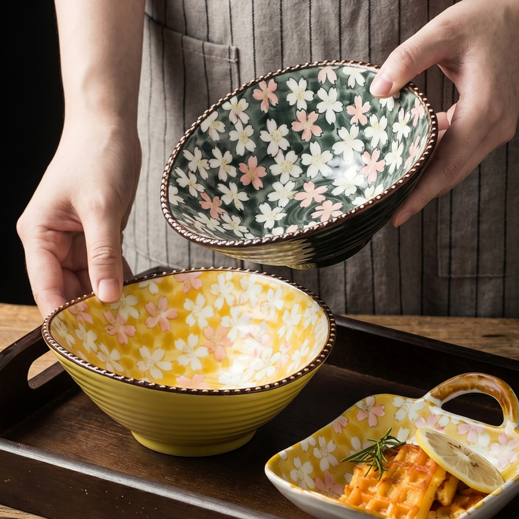 HongDian Japanese Cherry Blossom Tableware Series,Optional Ceramic Bowl Plate 5/7 in,Yellow Green,Premium Ceramic,SGS Tested Underglaze Fade Resistant,Microwave Dishwasher Oven Sterilizer Safe,Dessert Snack Serving Tea Time Gift Decor