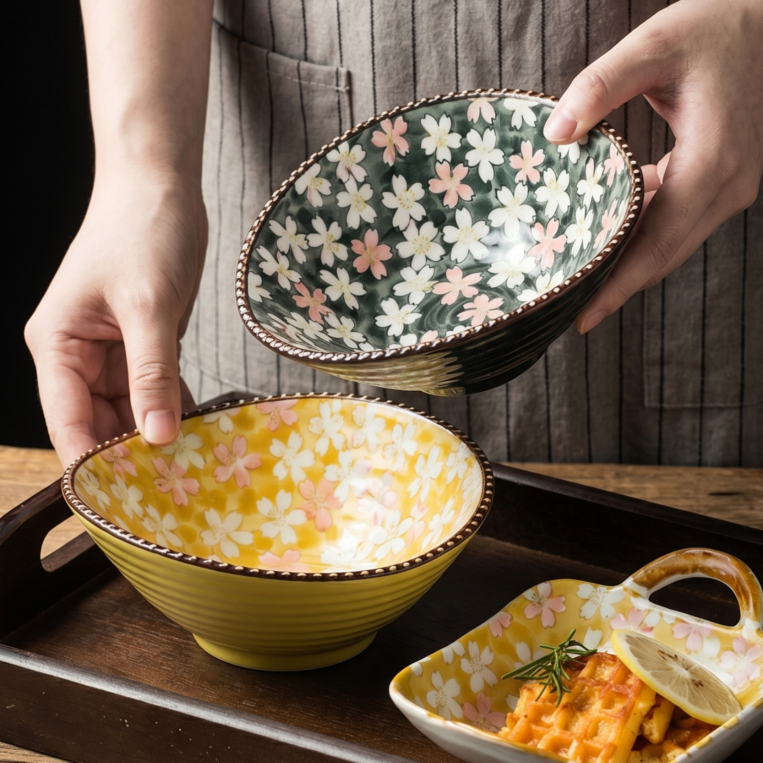 HongDian Japanese Cherry Blossom Tableware Series,Optional Ceramic Bowl Plate 5/7 in,Yellow Green,Premium Ceramic,SGS Tested Underglaze Fade Resistant,Microwave Dishwasher Oven Sterilizer Safe,Dessert Snack Serving Tea Time Gift Decor