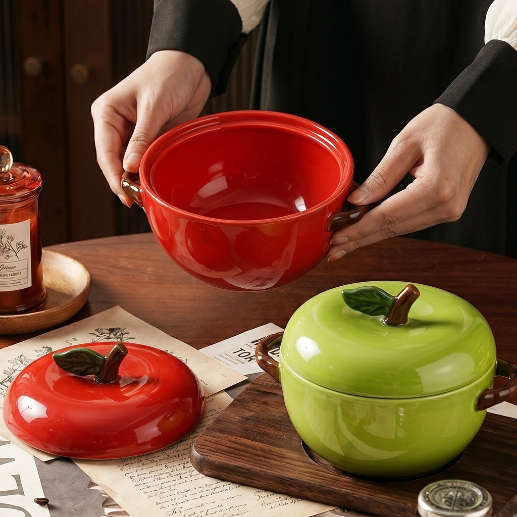 HongDian Red Green Apple Lidded Soup Bowl,Double Handle Ceramic Pot,Hand Painted Craft,Premium Porcelain,8/7.5 in,1650/800ml 56/27 oz,SGS Tested Underglaze Fade Resistant,Microwave Dishwasher Oven Sterilizer Safe,Soup Stew Baby Food Family