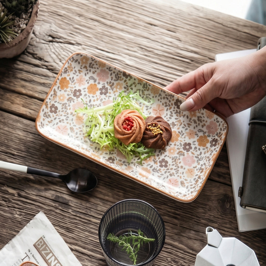 HongDian Japanese Floral Ceramic Plate 2 Pack,8 in Rectangular Serving Dish,Pink Beige,Premium Ceramic,SGS Tested Underglaze Fade Resistant,Microwave Dishwasher Oven Sterilizer Safe,Dessert Pasta Salad Snack Serving Table Setting Gift Decor